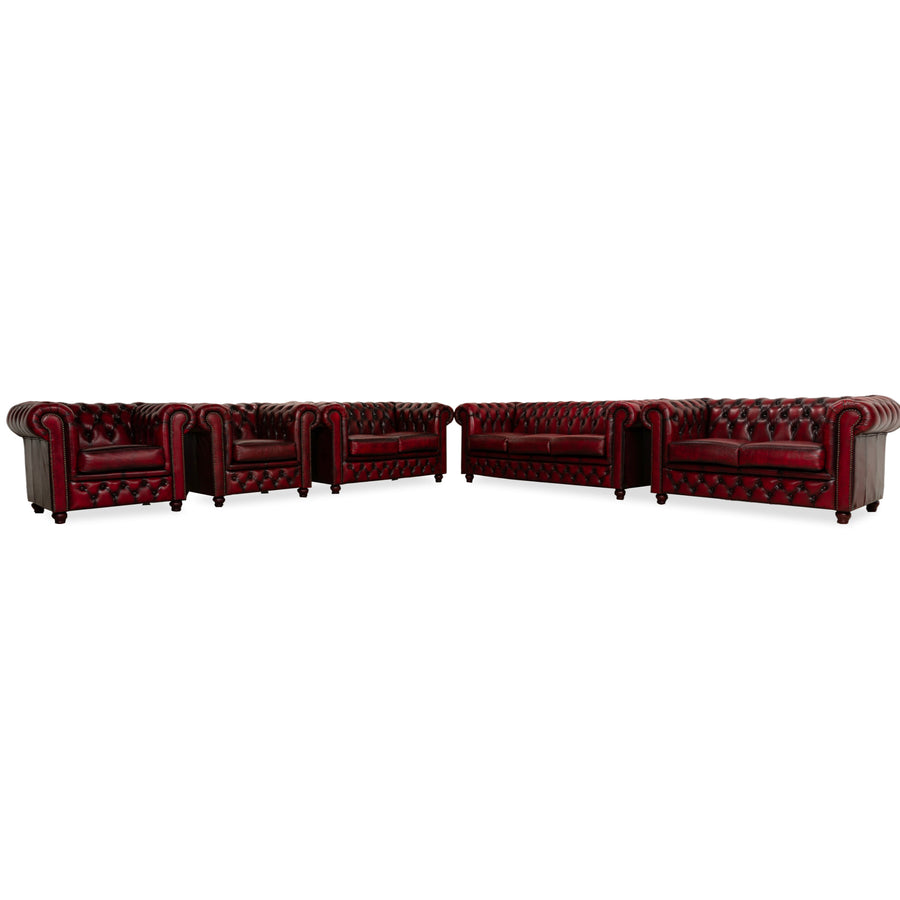 Chesterfield Leder Dreisitzer + Zweisitzer + Sessel Rot Braun Sofa Couch Vintage