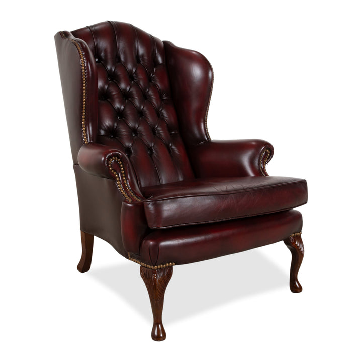 Fauteuil Chesterfield en cuir et bois, marron, rouge bordeaux, bergère