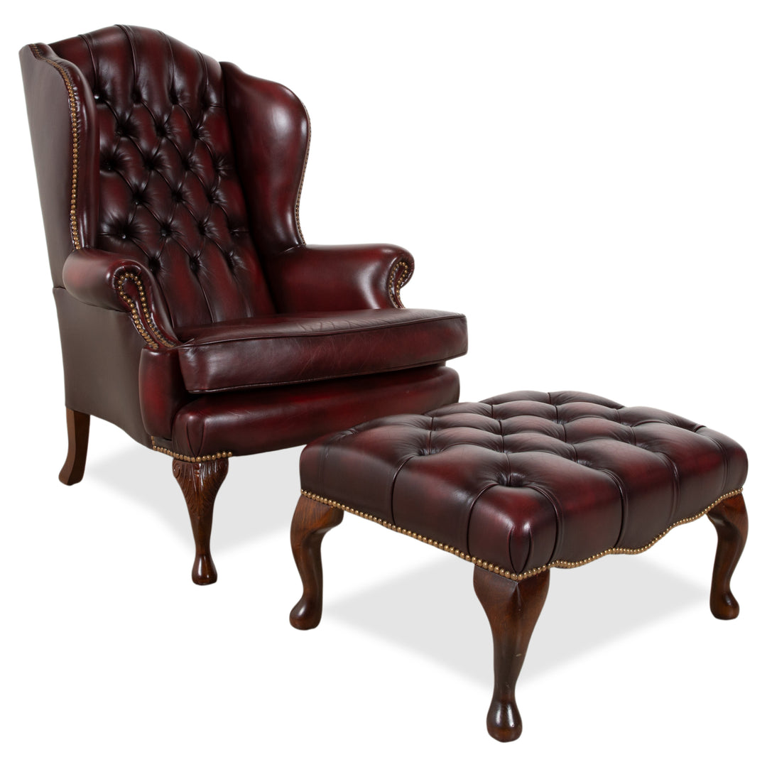 Chesterfield Leather Wood Armchair Brown Red Burgundy incl. Ottoman