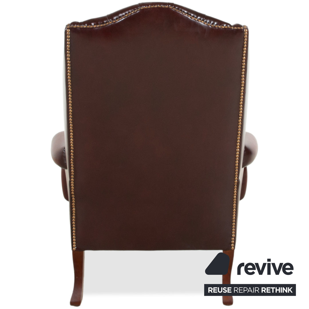 Chesterfield Leather Wood Armchair Brown Red Burgundy incl. Ottoman