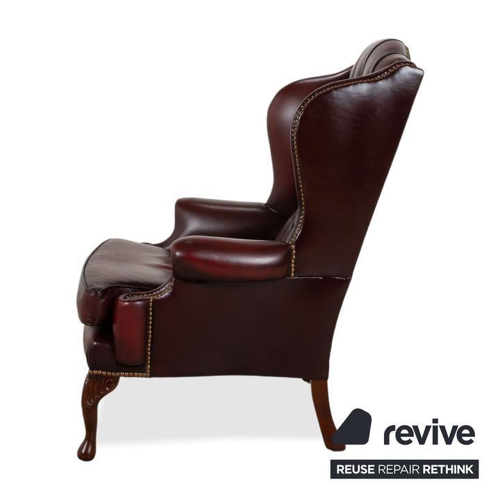 Chesterfield Leather Wood Armchair Brown Red Burgundy incl. Ottoman