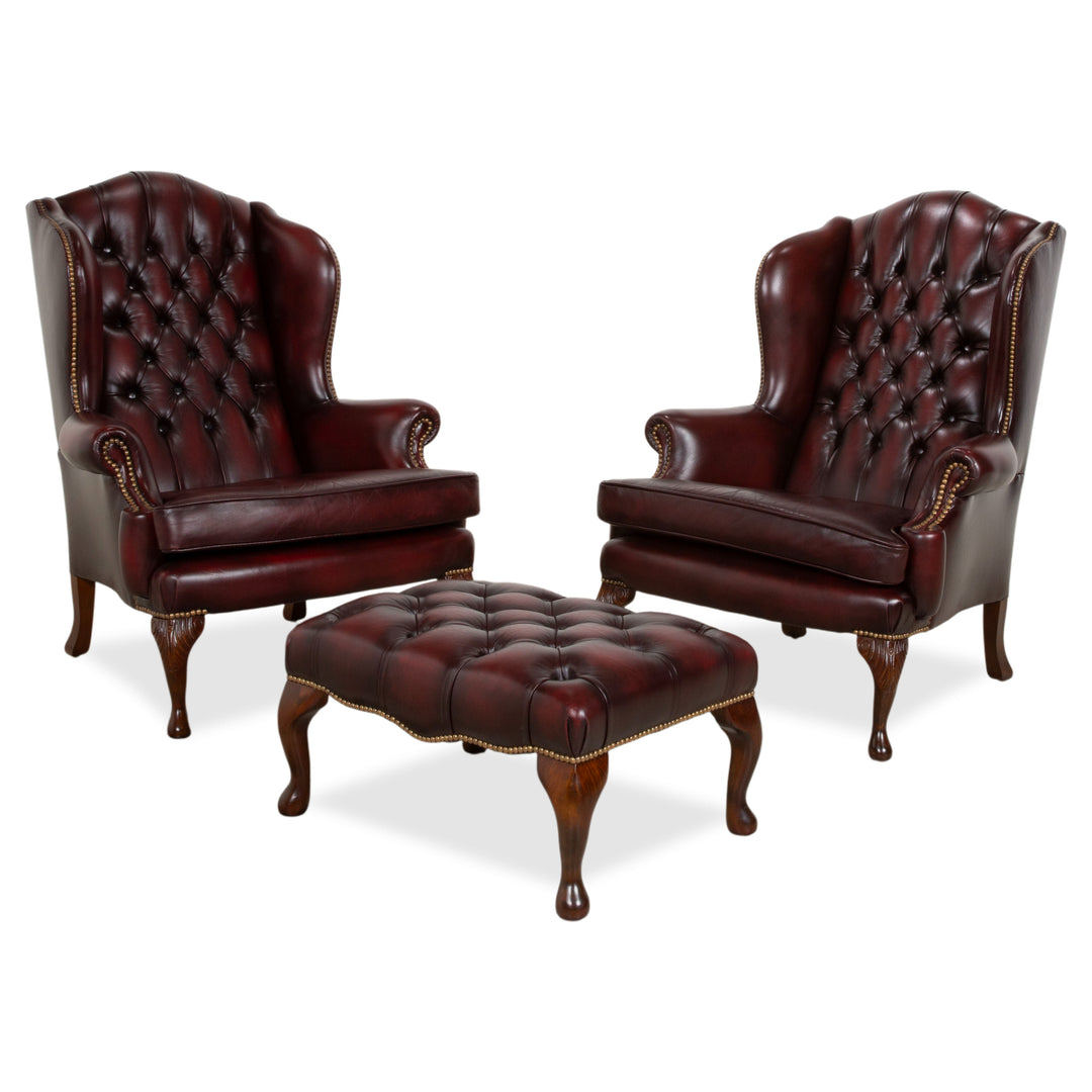 Chesterfield Leather Wood Armchair Wingback Chair Brown Red Burgundy incl. Stool