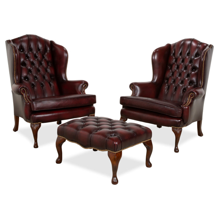 Chesterfield Leather Wood Armchair Wingback Chair Brown Red Burgundy incl. Stool