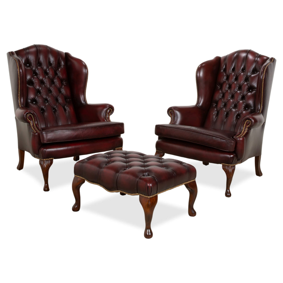 Chesterfield Leather Wood Armchair Wingback Chair Brown Red Burgundy incl. Stool