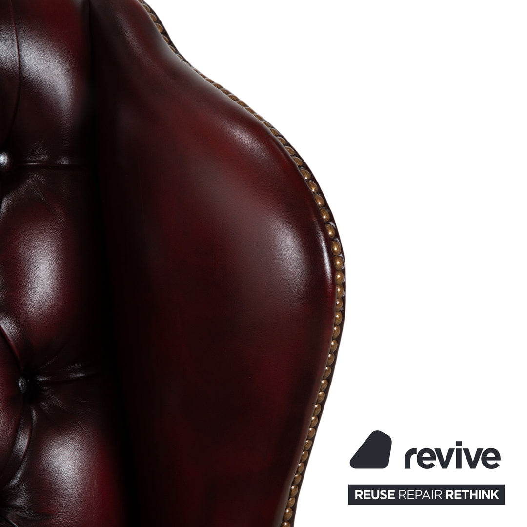 Chesterfield Leather Wood Armchair Wingback Chair Brown Red Burgundy incl. Stool