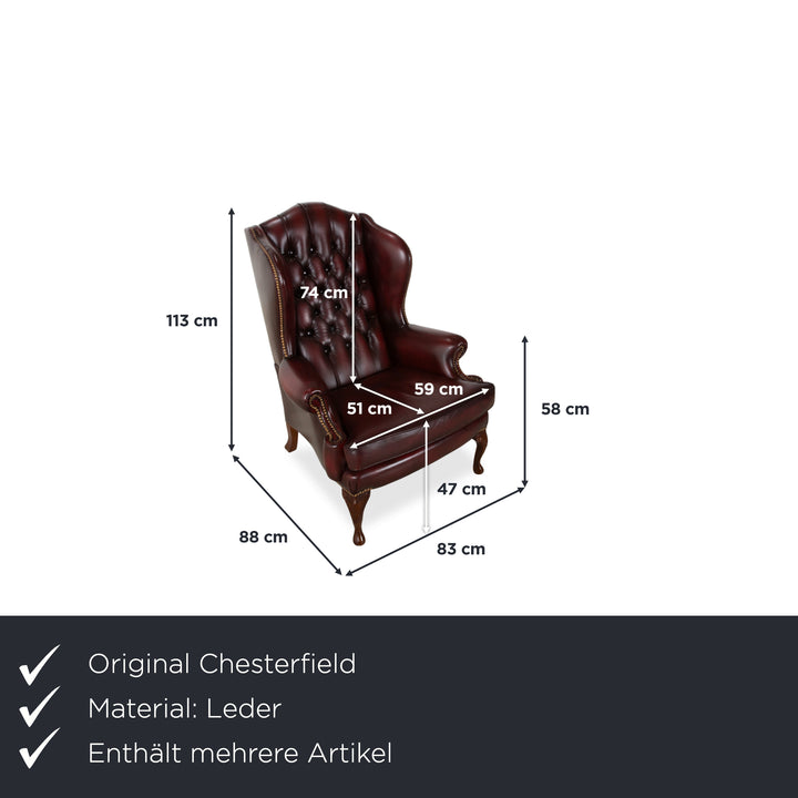 Chesterfield Leather Wood Armchair Wingback Chair Brown Red Burgundy incl. Stool