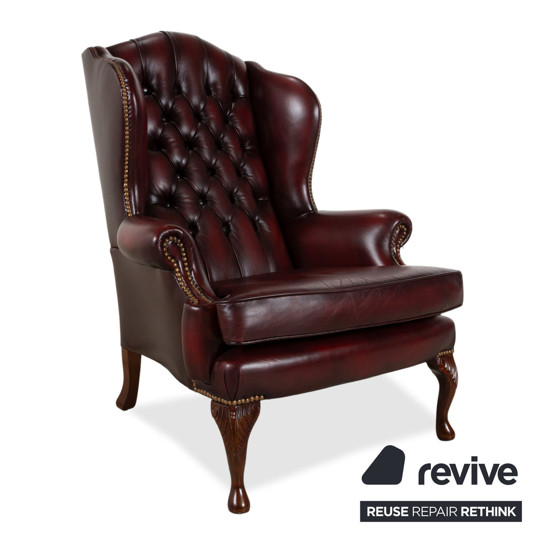 Chesterfield Leather Wood Armchair Wingback Chair Brown Red Burgundy incl. Stool