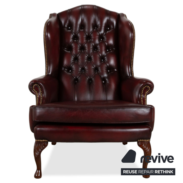 Chesterfield Leather Wood Armchair Wingback Chair Brown Red Burgundy incl. Stool