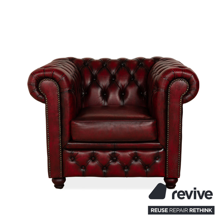 Chesterfield Leather Armchair Red Brown Vintage