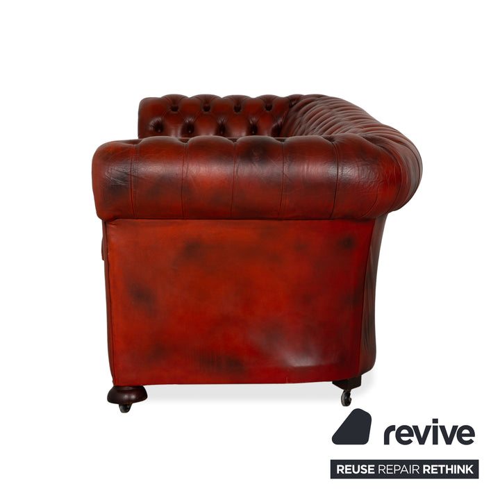 Chesterfield Leather Sofa Brown Red Four-Seater Couch