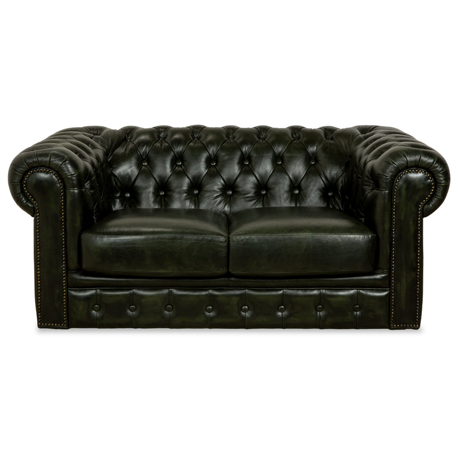 Chesterfield Leather Two-Seater Dark Green Sofa Couch Vintage
