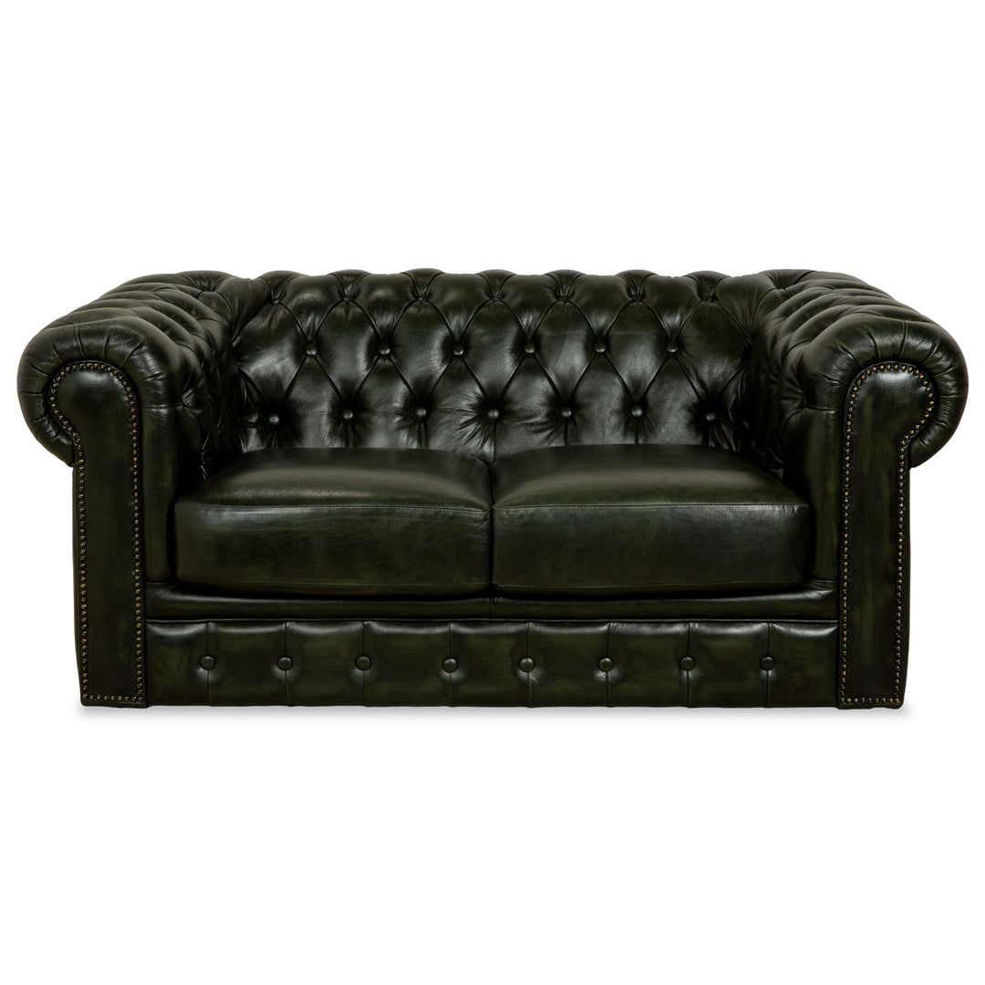 Chesterfield Leder Zweisitzer Dunkelgrün Sofa Couch Vintage