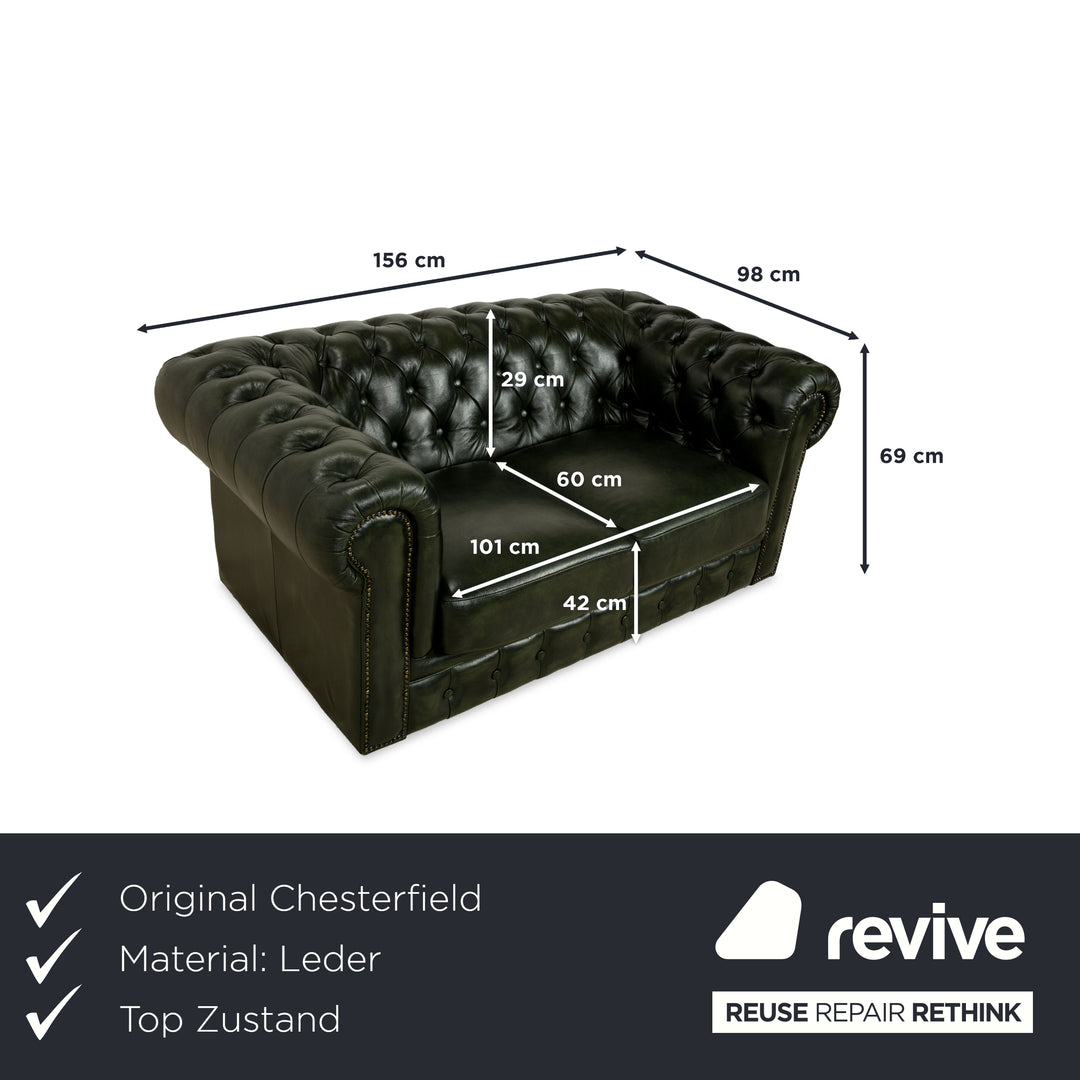 Chesterfield Leder Zweisitzer Dunkelgrün Sofa Couch Vintage