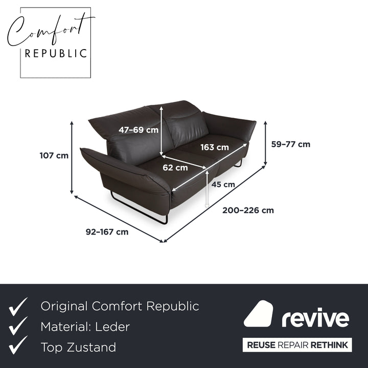 Comfort Republic Leather Two-Seater Anthracite Grey Sofa Couch Electric Function