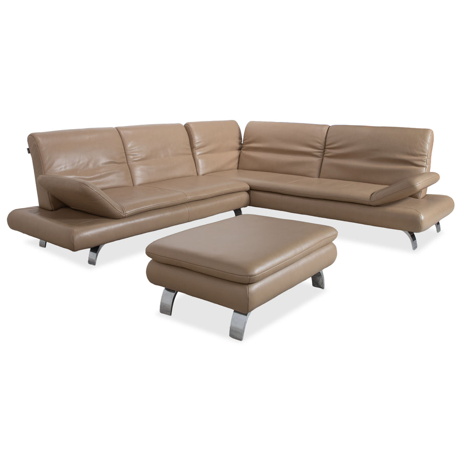 Contur Rodrigo Leder Ecksofa + Hocker Hellbraun Creme Mokka manuelle Funktion