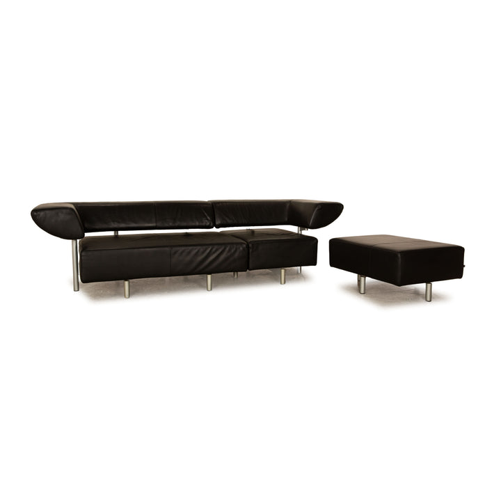 Cor Arthe Leder Sofa Garnitur Schwarz Dreisitzer Hocker Couch manuelle Funktion