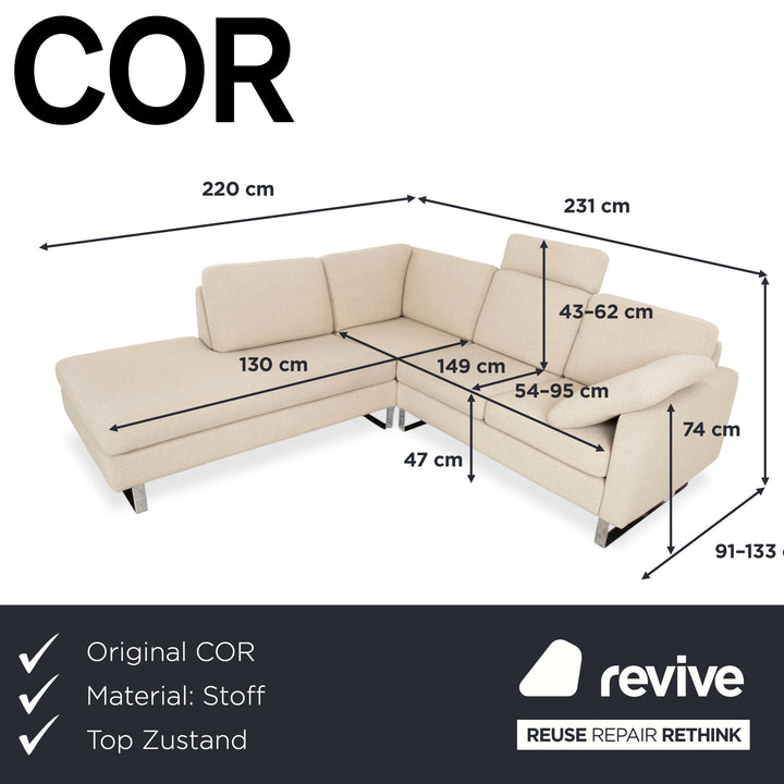 Cor Conseta Ecksofa Stoff Beige Creme Sand Couch mit Chrom Kufen Recamiere Links Fußstütze