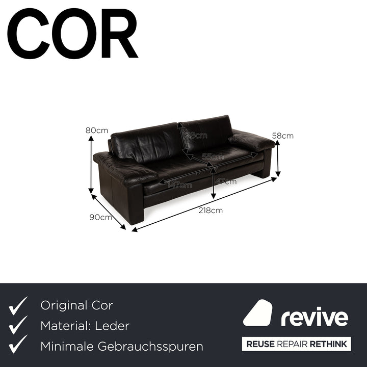 Cor Conseta Leather Three Seater Black Sofa Couch