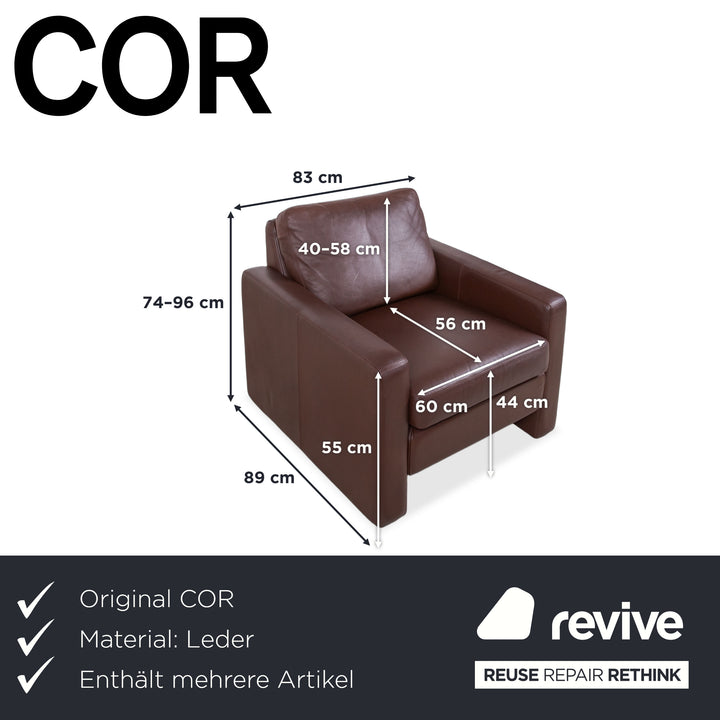 Canapé et fauteuil Cor Conseta en cuir marron café acajou, 3 places, avec appuie-tête