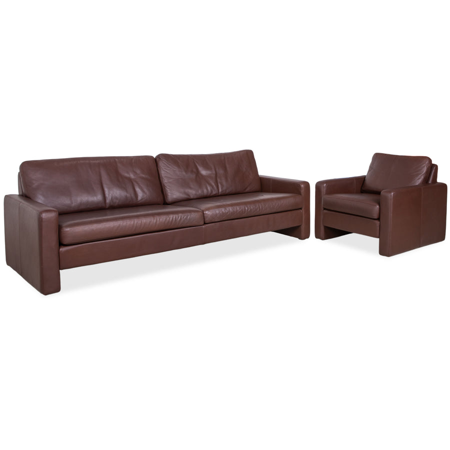 Canapé et fauteuil Cor Conseta en cuir marron café acajou, 3 places, avec appuie-tête