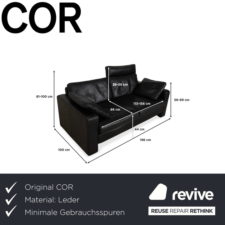 Cor Conseta Leather Two-Seater Black Sofa Couch with Headrest