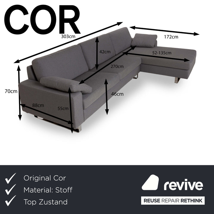 Cor Conseta Fabric Corner Sofa Grey Recamiere Right Sofa Couch