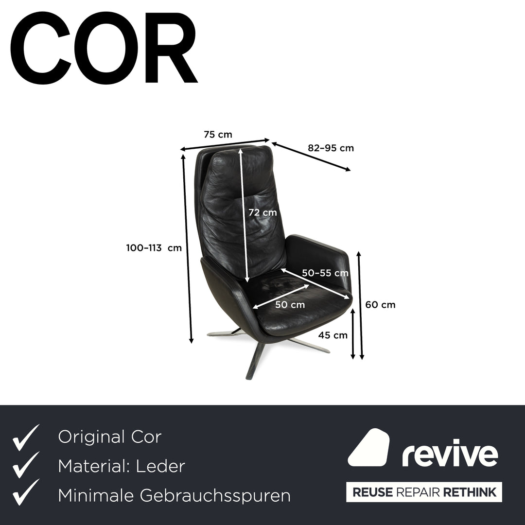 Fauteuil en cuir Cor Cordia noir à fonction manuelle avec tabouret