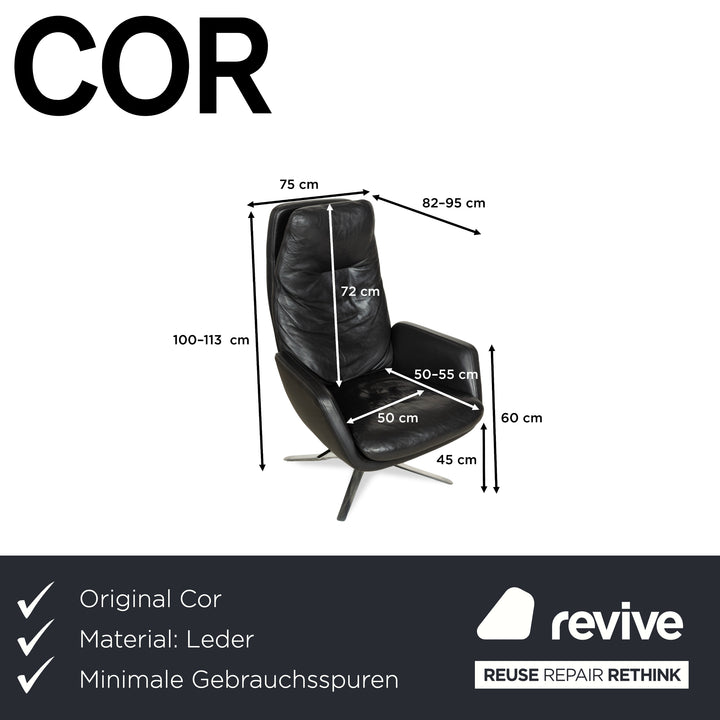 Fauteuil en cuir Cor Cordia noir à fonction manuelle avec tabouret