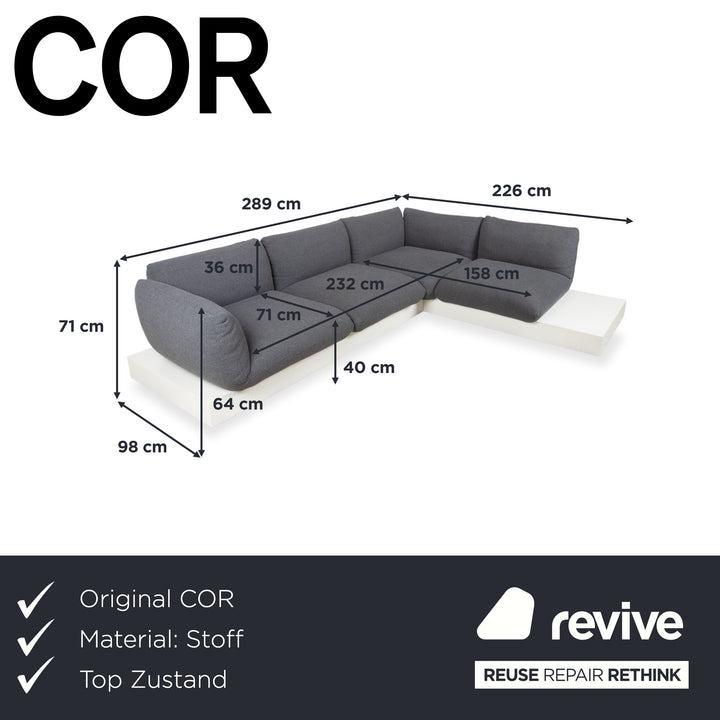 COR Jalis Ecksofa Stoff Grau Podest Weiß Couch Recamire Rechts