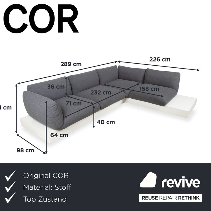 COR Jalis Ecksofa Stoff Grau Podest Weiß Couch Recamire Rechts