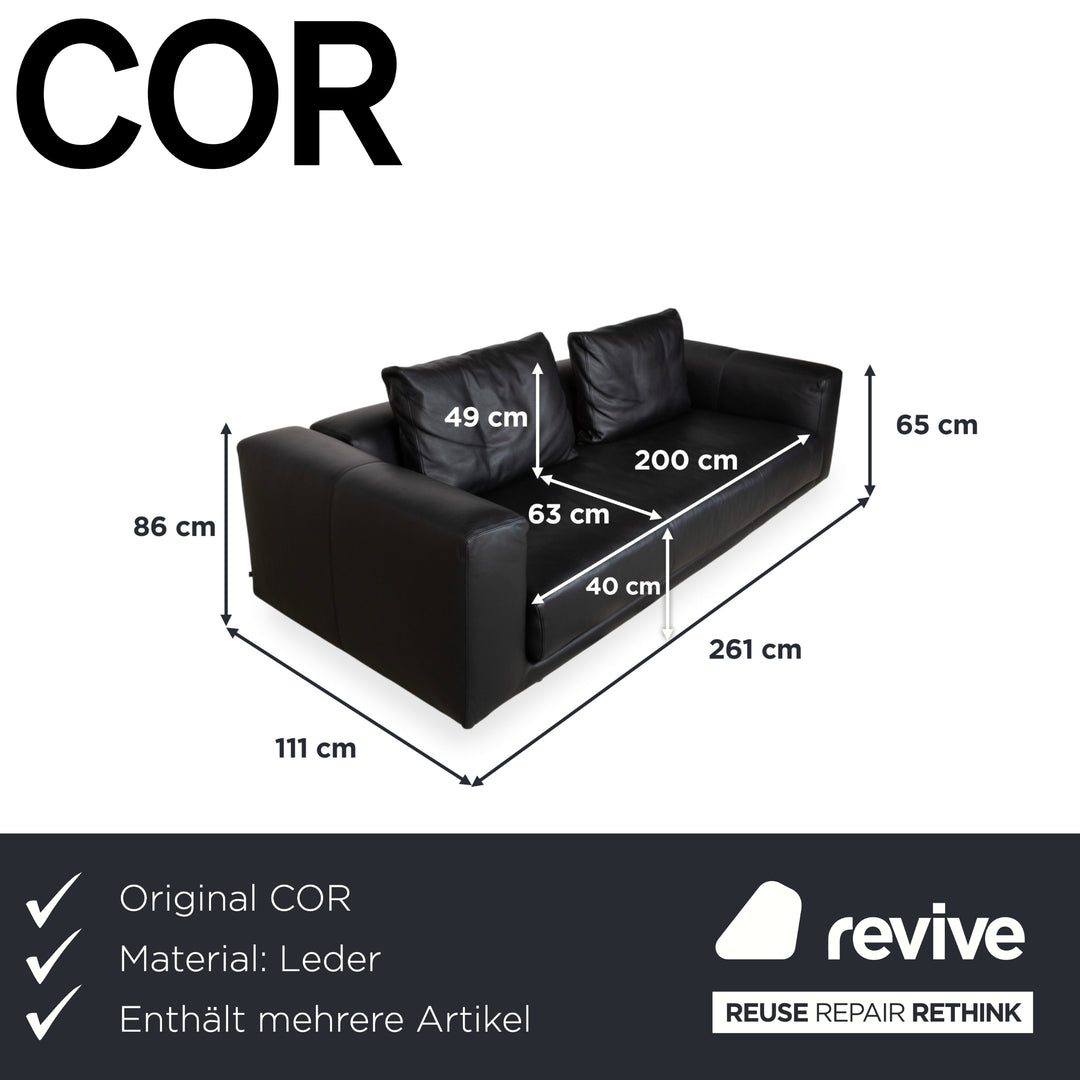 COR Moss Leather Sofa Set Three-seater incl. Ottoman Black Sofa Couch