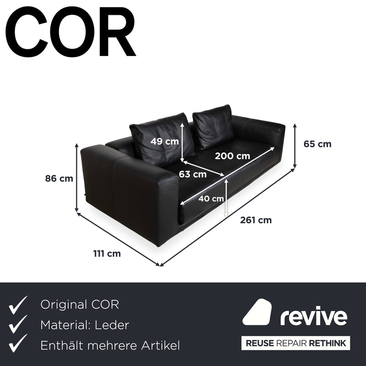 COR Moss Leather Sofa Set Three-seater incl. Ottoman Black Sofa Couch