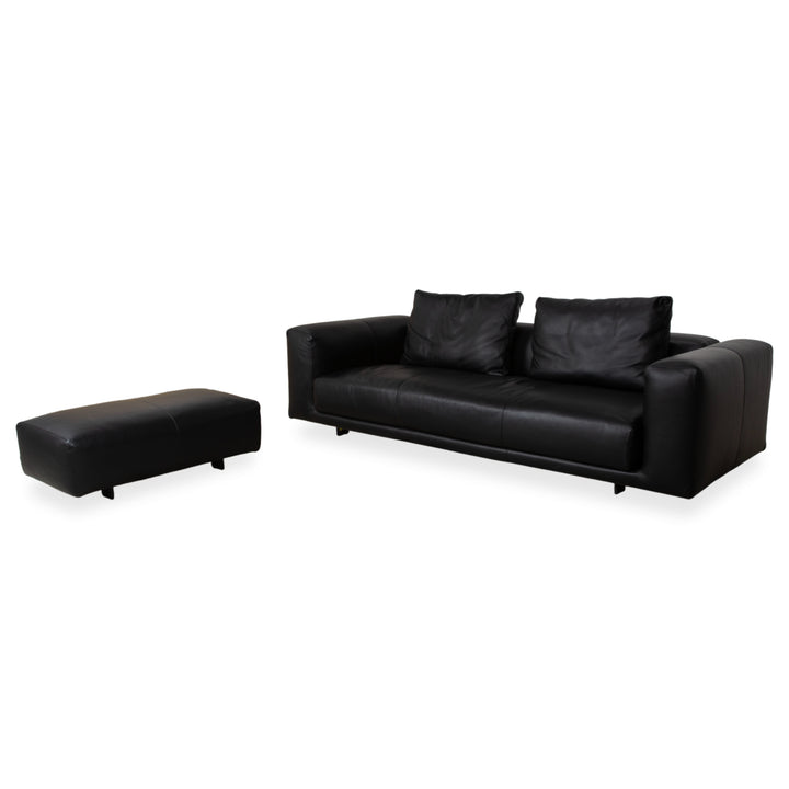 COR Moss Leather Sofa Set Three-seater incl. Ottoman Black Sofa Couch