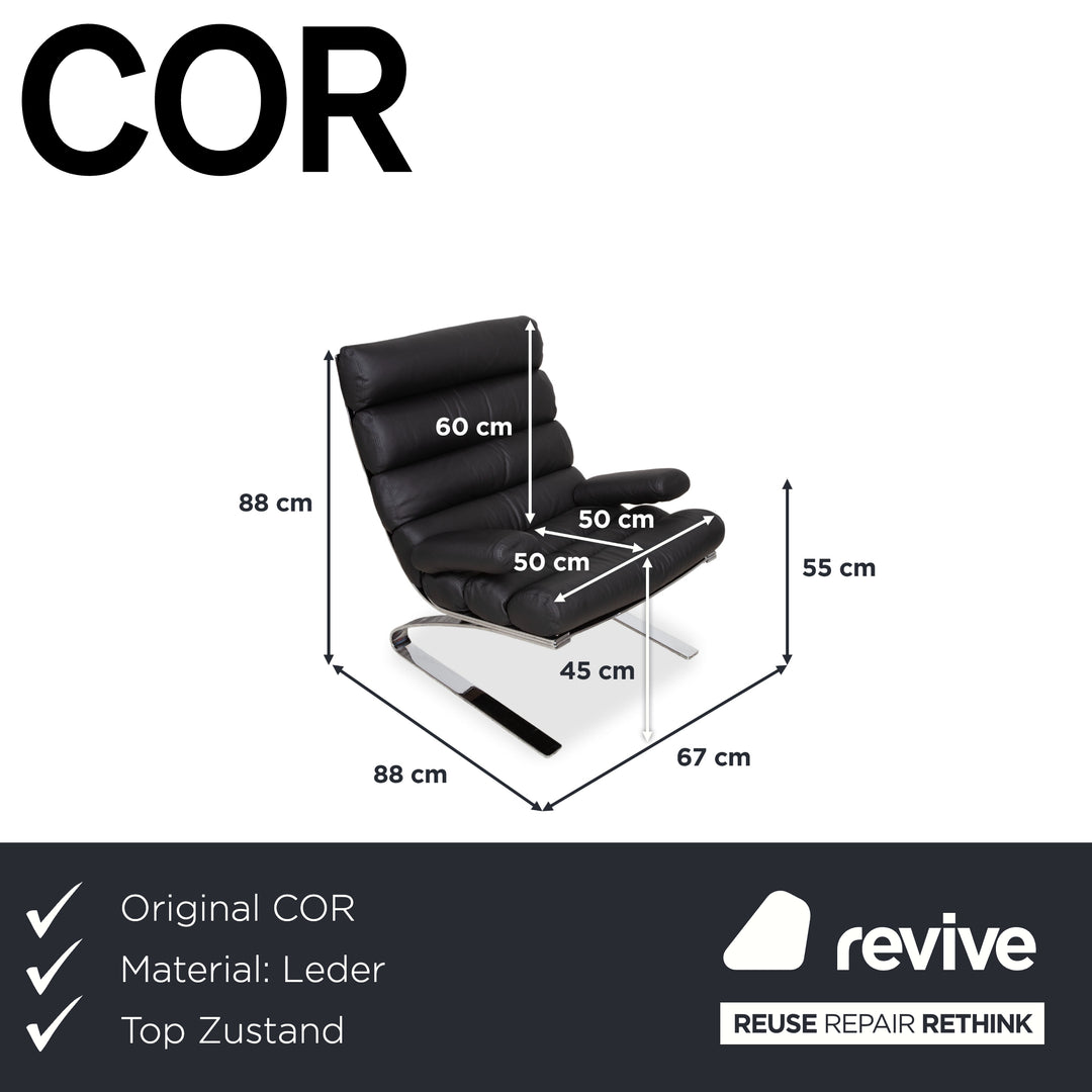 Cor Sinus Leder Chrom Sessel Schwarz inkl. Hocker Freischwinger Neubezug