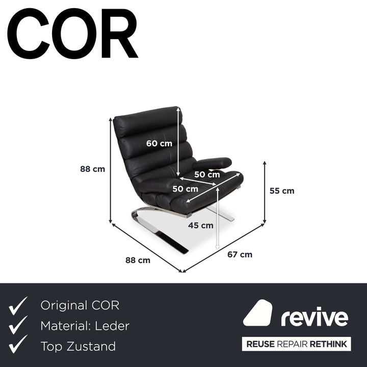 Cor Sinus Leder Chrom Sessel Schwarz inkl. Hocker Freischwinger Neubezug
