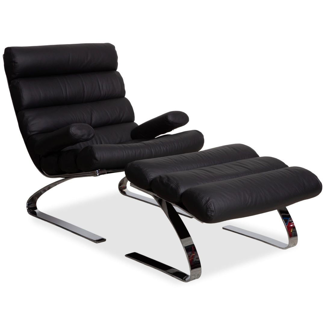 Cor Sinus Leder Chrom Sessel Schwarz inkl. Hocker Freischwinger Neubezug