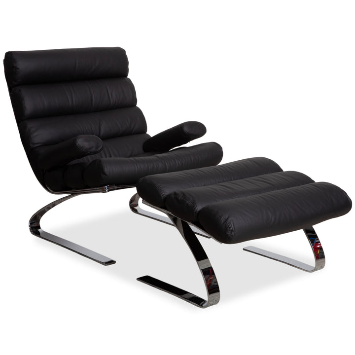 Cor Sinus Leder Chrom Sessel Schwarz inkl. Hocker Freischwinger Neubezug