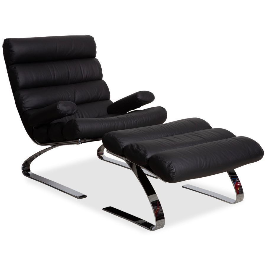 Cor Sinus Leder Chrom Sessel Schwarz inkl. Hocker Freischwinger Neubezug