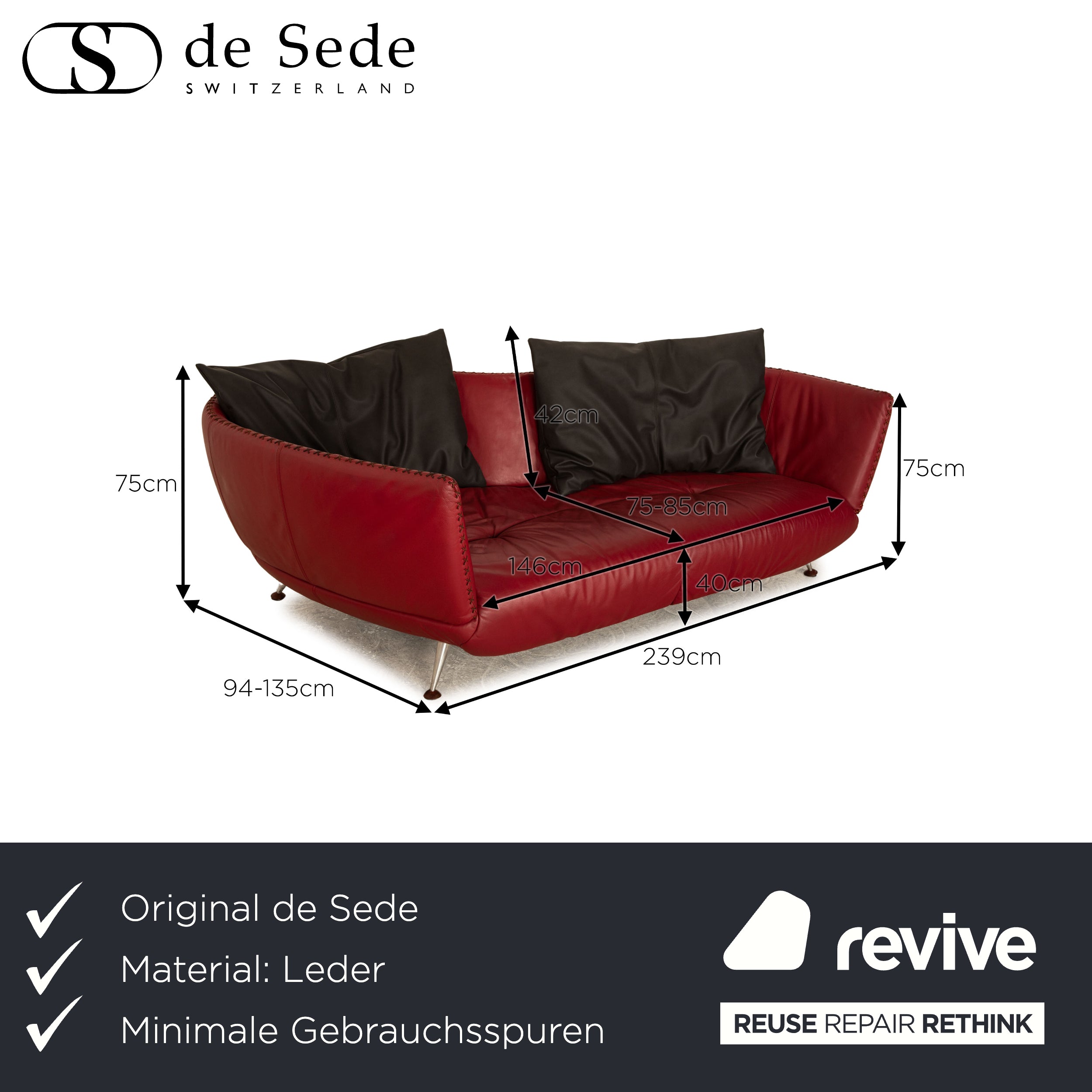 de Sede Dreisitzer DS-102 Rot Leder - 2. Hand - Revive.de