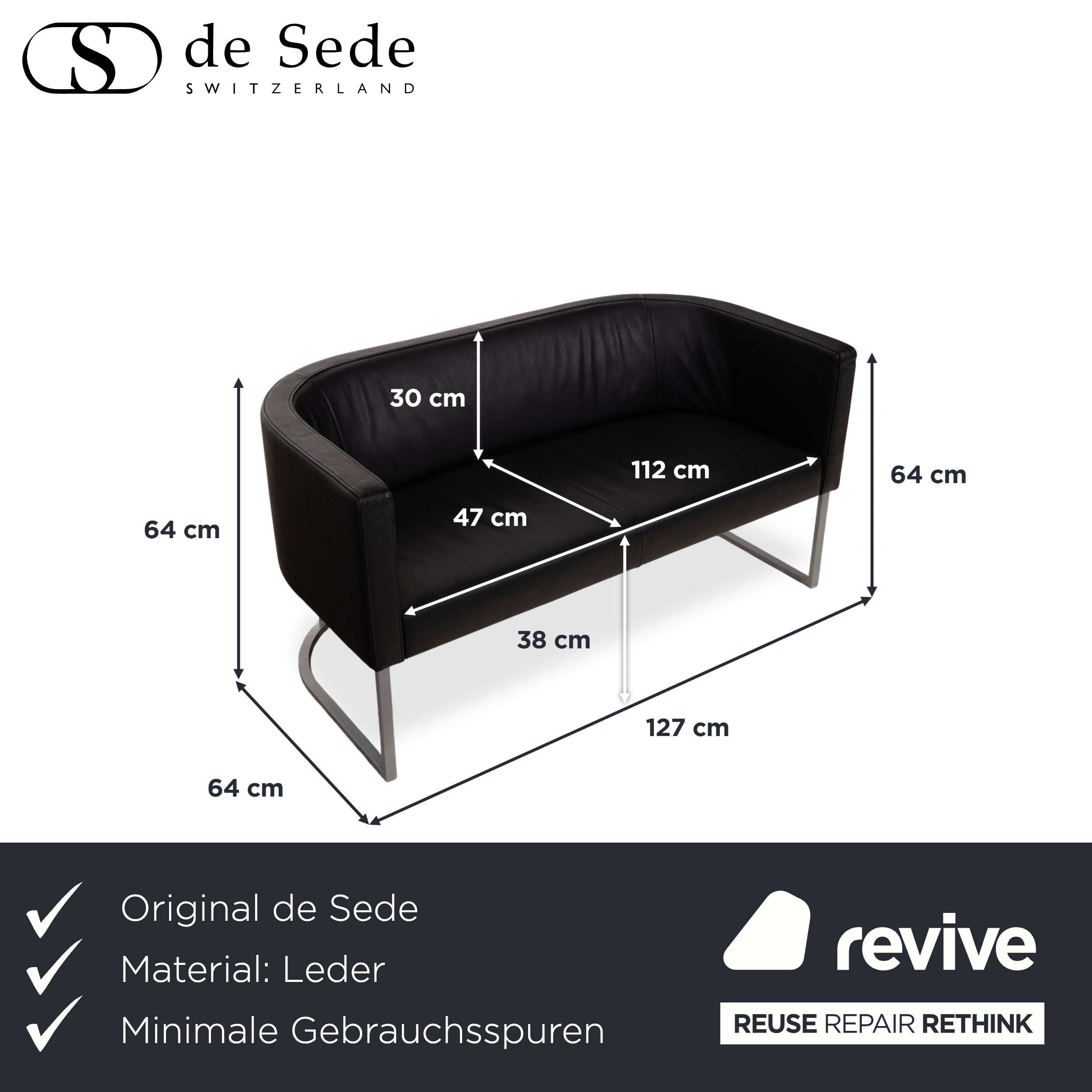 de Sede DS-207 Leder Zweisitzer Sofa Couch Schwarz