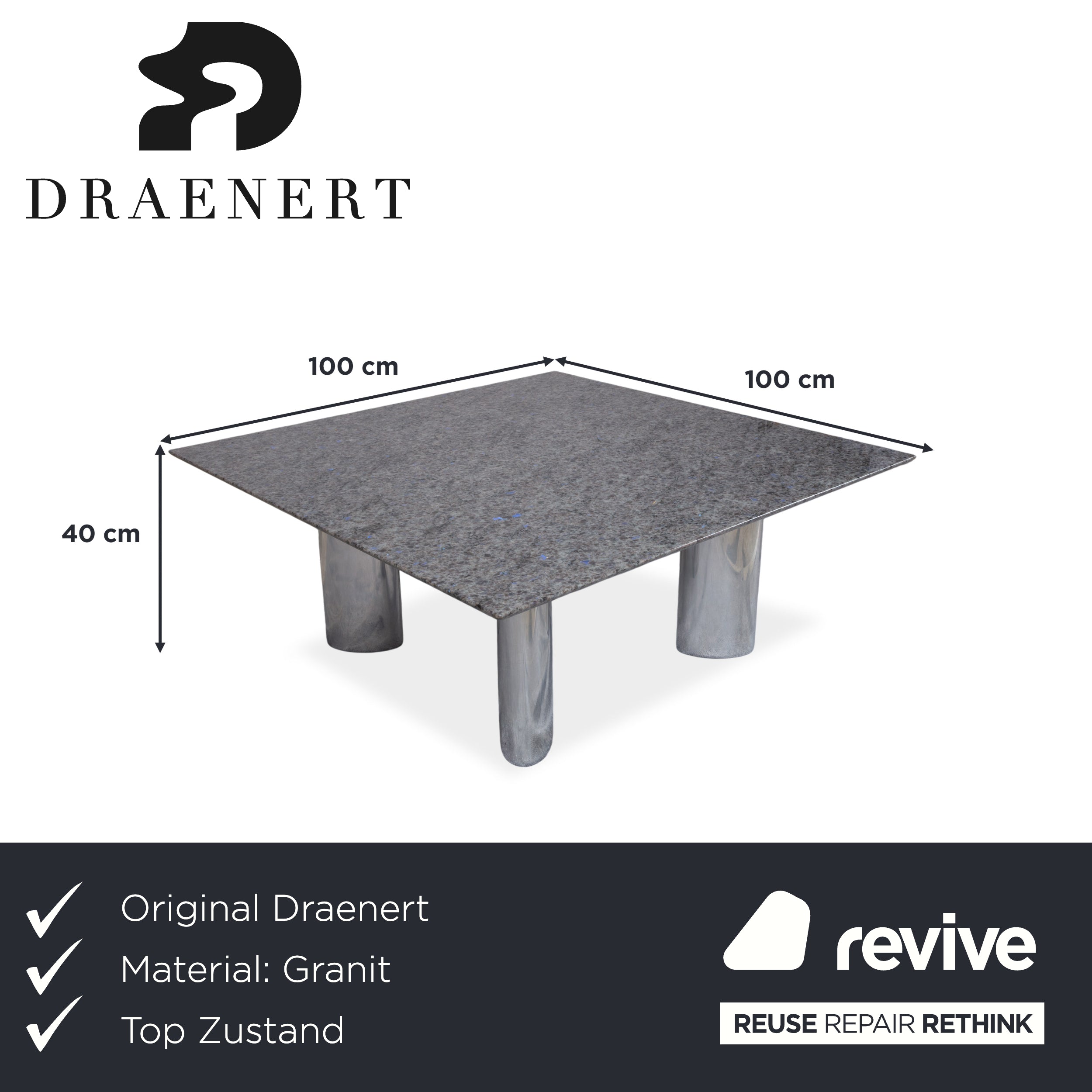 Draenert 1226 Granite Coffee Table Stainless Steel Grey Stone