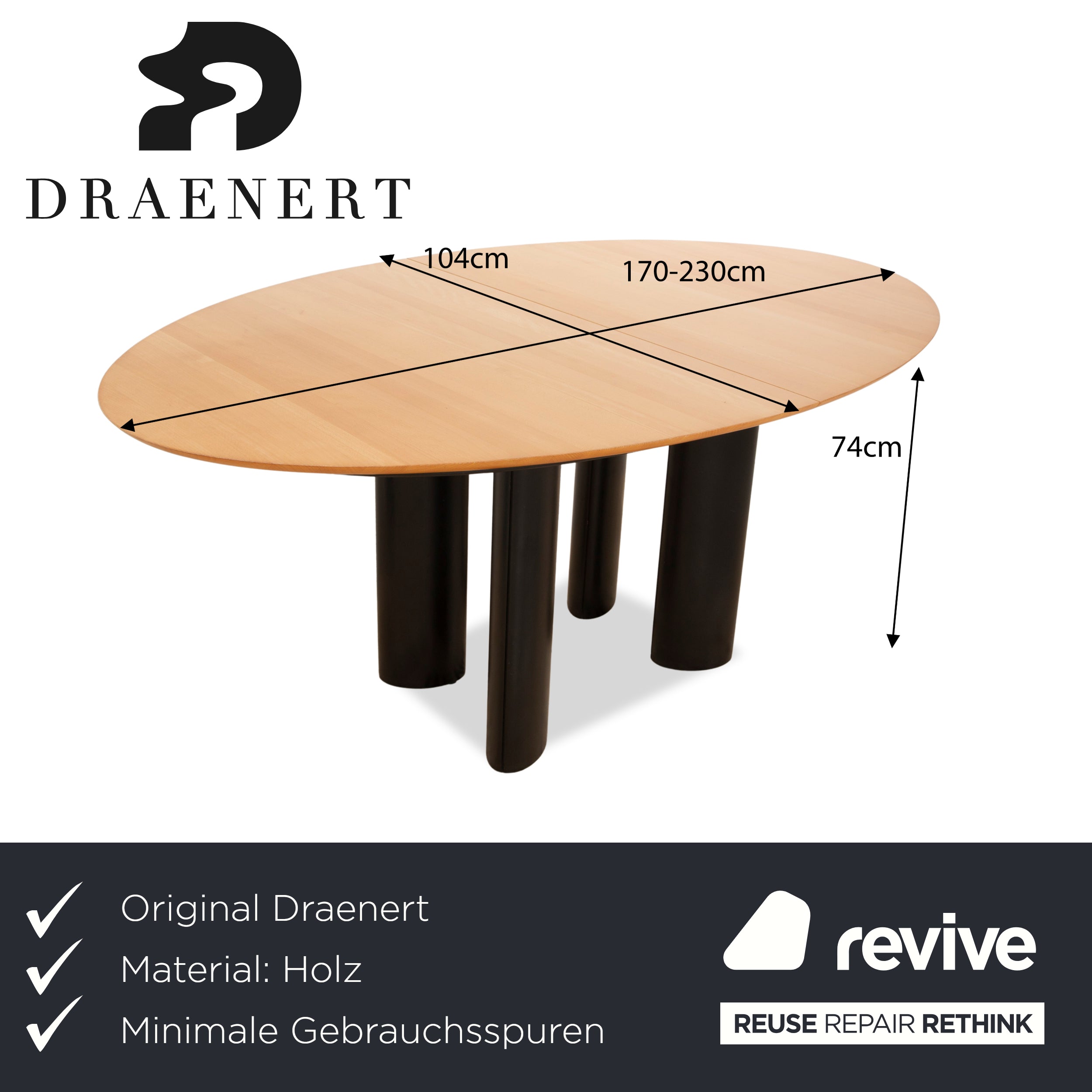 Draenert 1226 Holz Esstisch Braun Schwarz Ausziehfunktion170/230 x 74 x 104