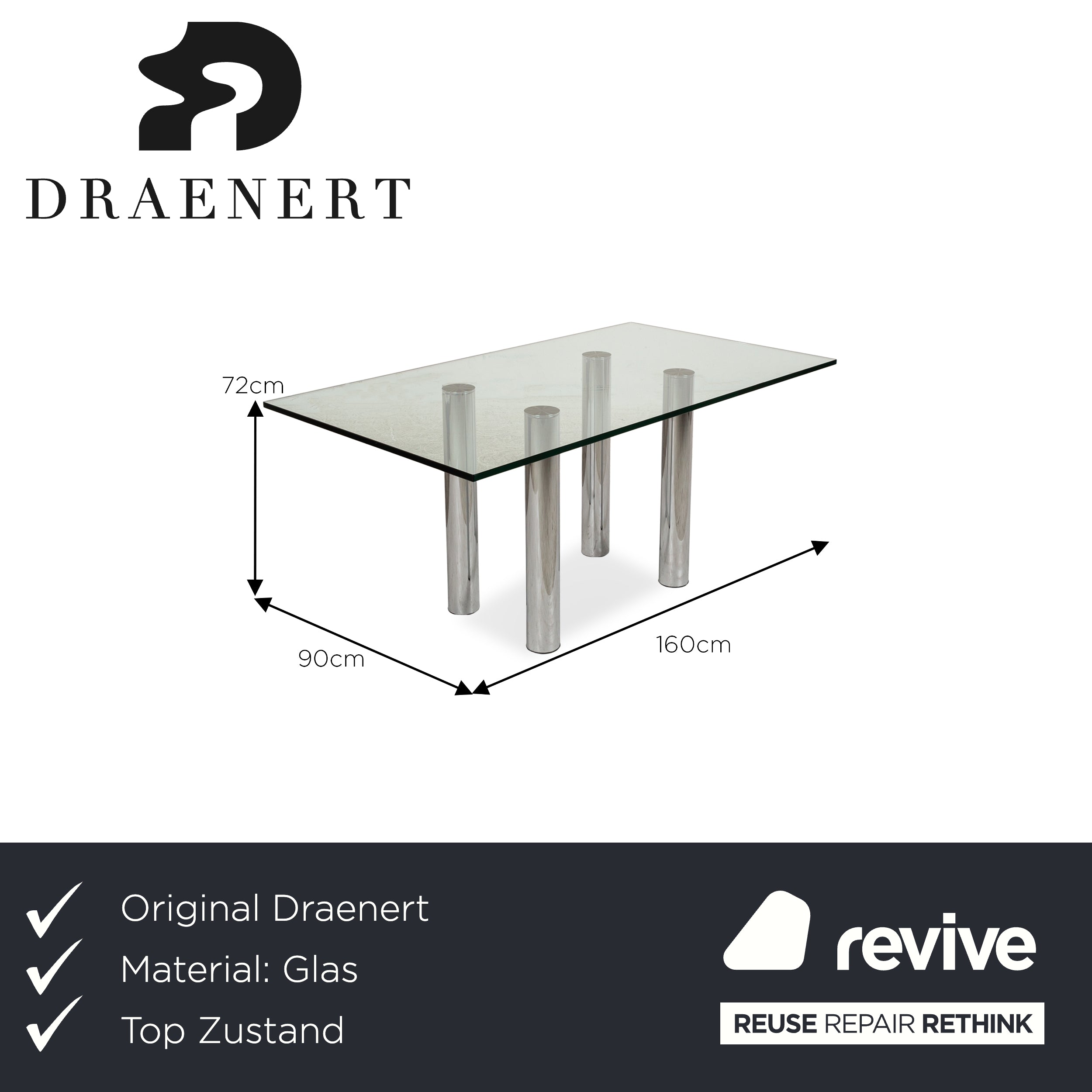 Draenert Glas Esstisch Silber 160 x 90 x72 cm