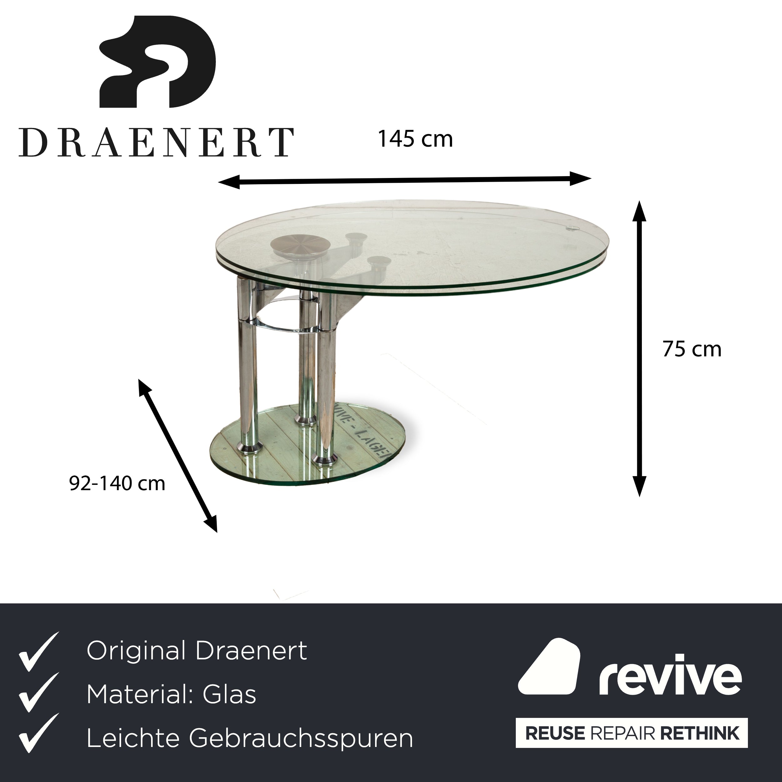 Draenert Glas Esstisch Silber Rund Ausziehfunktion 145 x 92-140 cm