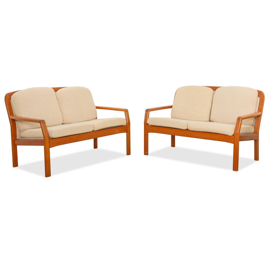 Ensemble Dyrlund 2x deux places et fauteuil bois tissu marron beige milieu du siècle