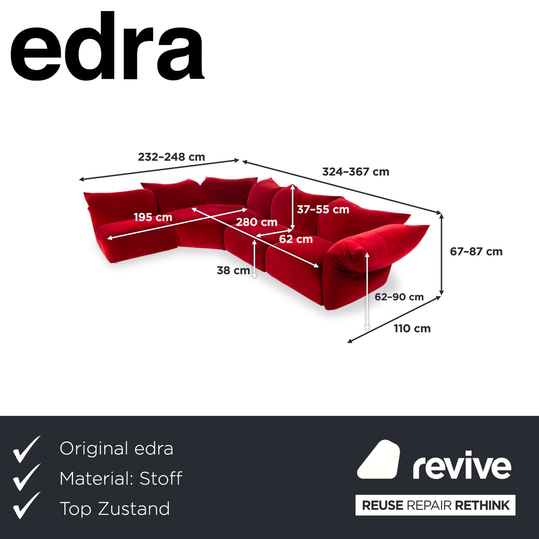 Edra Standard Stoff Ecksofa Bordeaux Rot Velours Recamiere Links manuelle Funktion