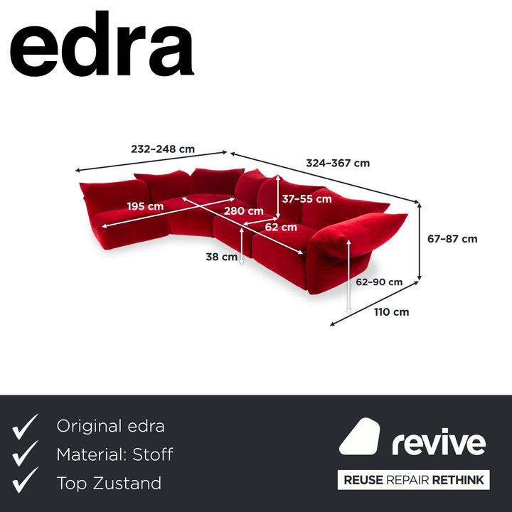 Edra Standard Stoff Ecksofa Bordeaux Rot Velours Recamiere Links manuelle Funktion