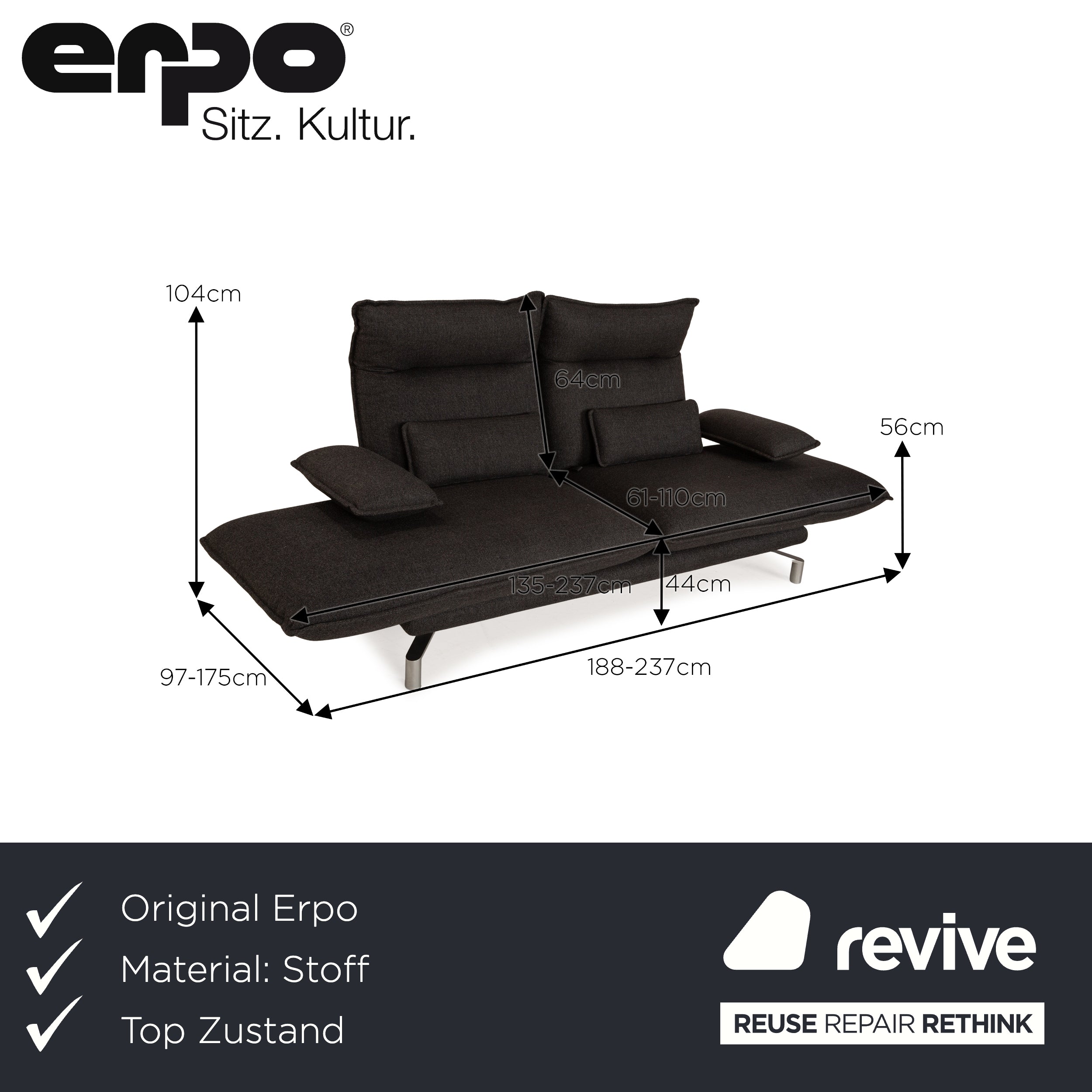 Erpo Avantgarde AV 400 Stoff Zweisitzer Grau manuelle Funktion Sofa Couch