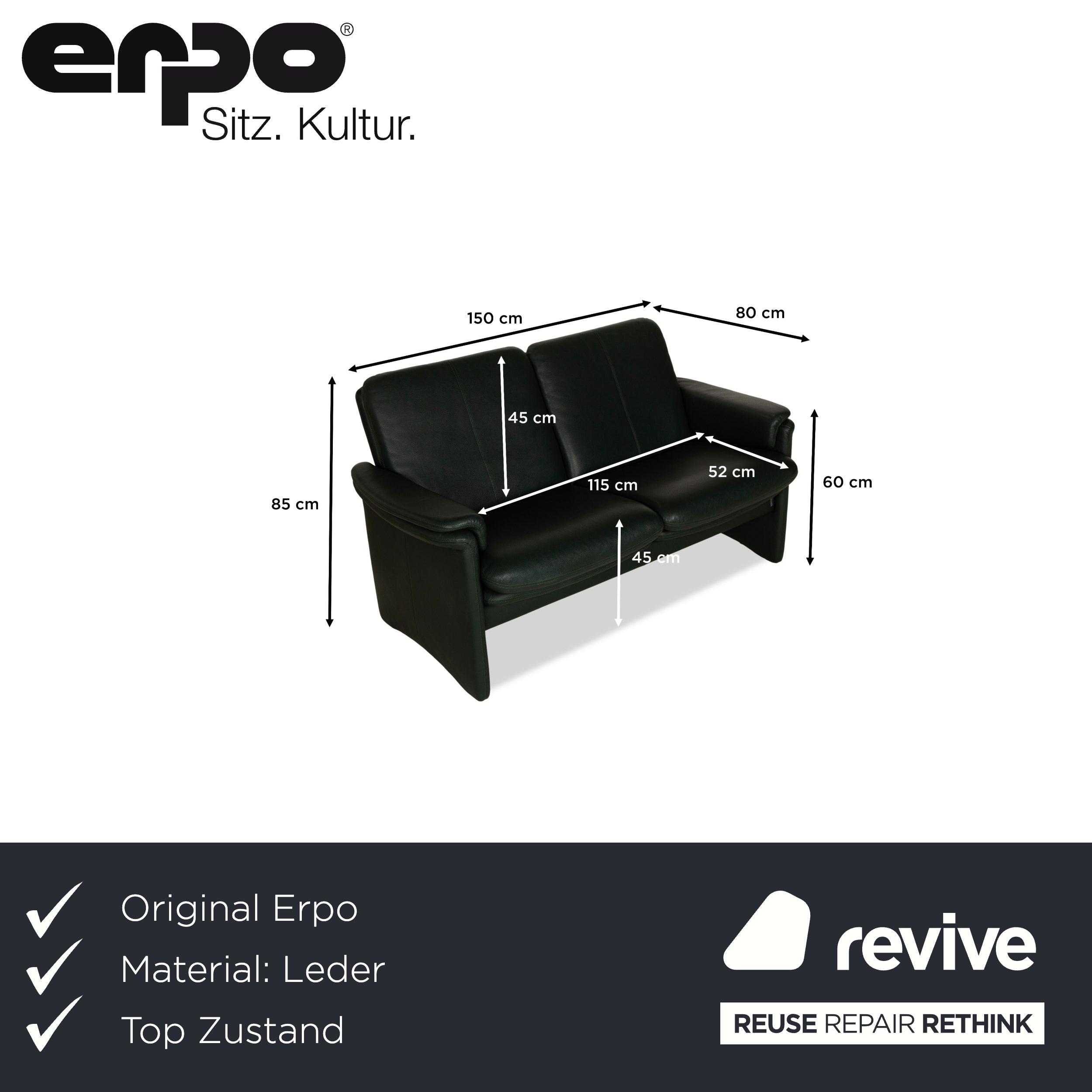 Erpo City Leder Zweisitzer Grün Sofa Couch manuelle Funktion