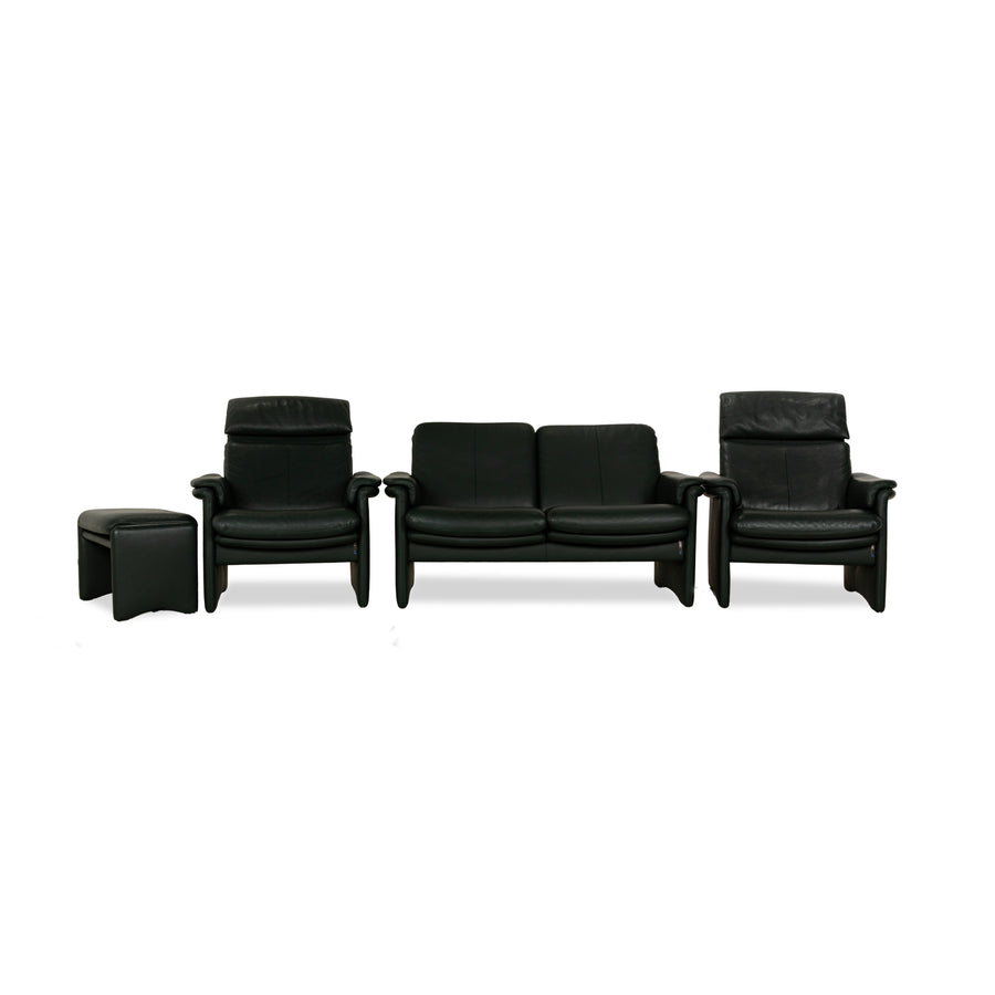 Canapé Erpo City en cuir vert deux places + fauteuil + tabouret, fonction manuelle